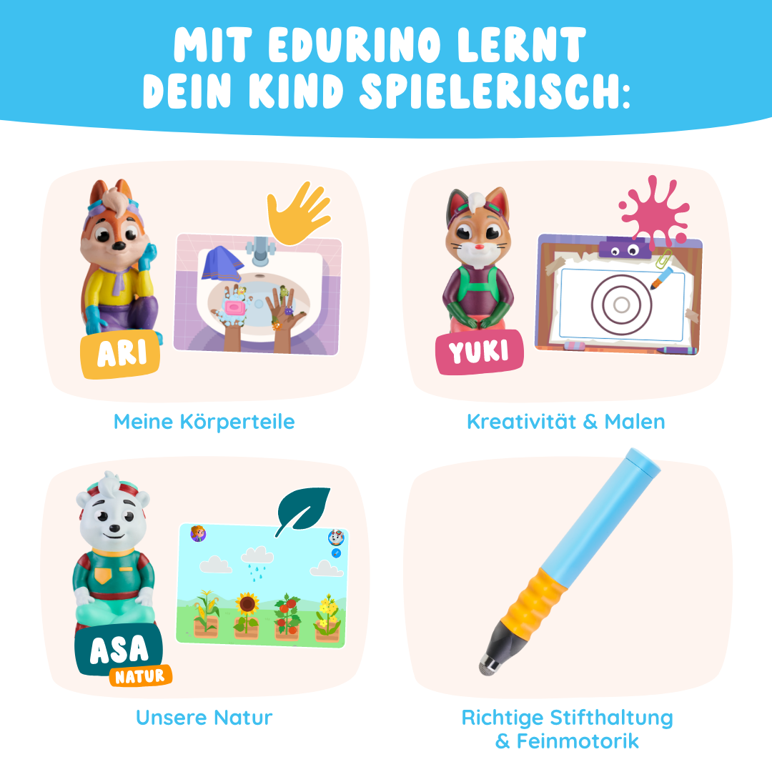 Cartoon-Füchse und Bären illustrieren die Entdecker-Bundle-Apps von Angebot mit Texten zu Körperteilen, Malen, Natur und Stifthaltung mit Elementen wie Hand, Zielscheibe und Stift.