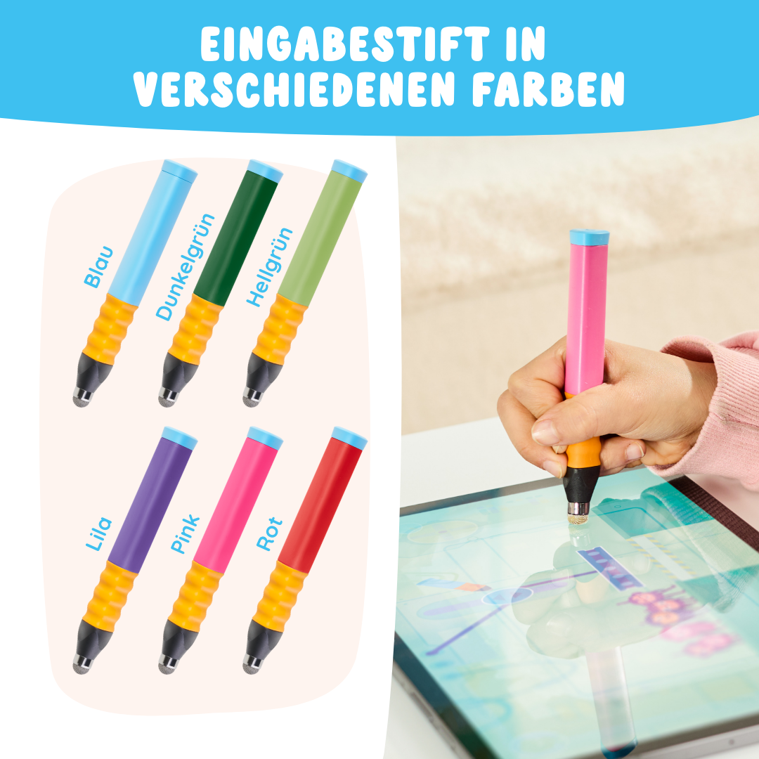 Eine Hand zeichnet mit Eingabestiften in verschiedenen Farben auf einem Tablet; oben wirbt ein deutscher Text für das Entdecker-Bundle von Angebot.