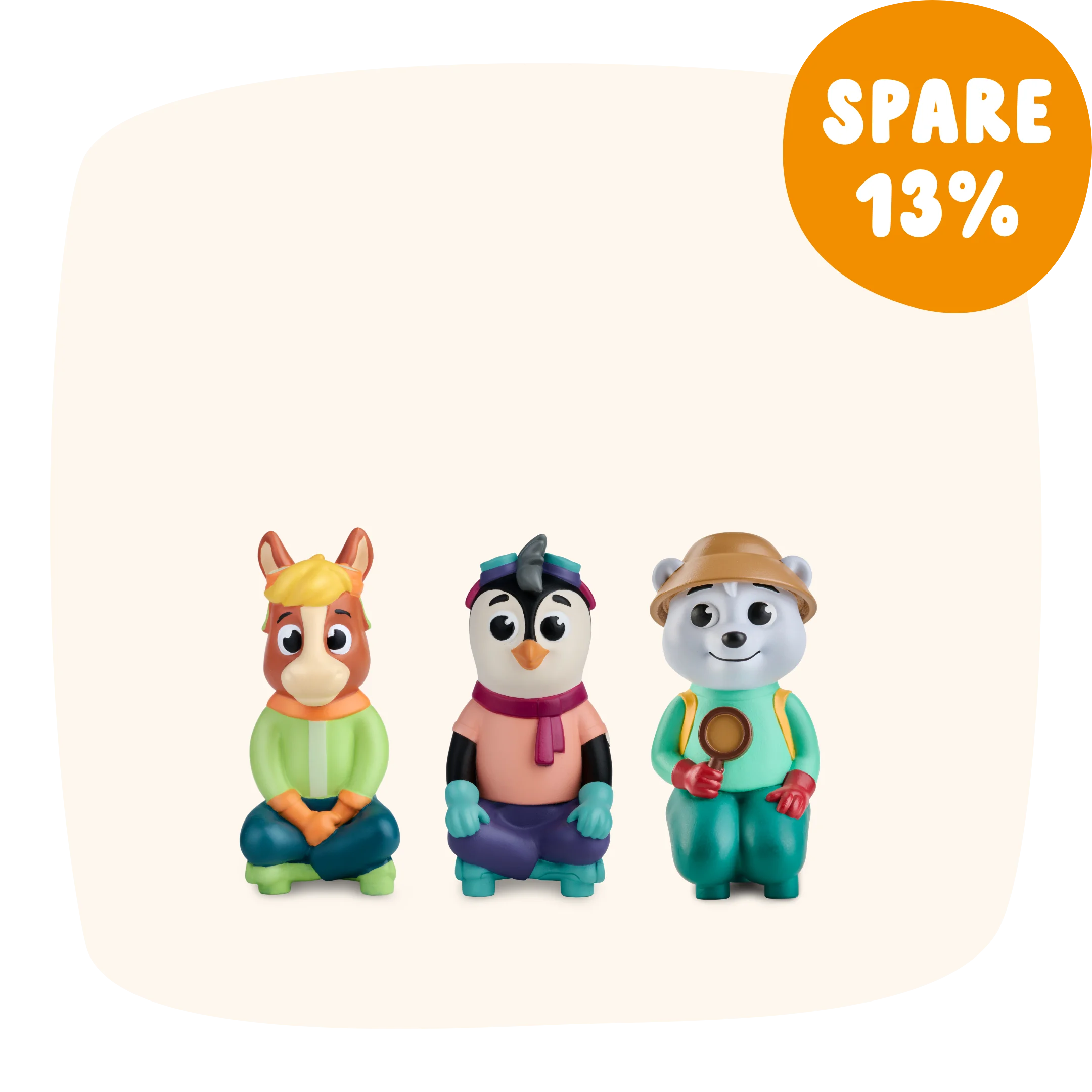 Drei farbenfrohe Spielzeuge mit Tiermotiven von „Angebot“ namens „Die 3 neuesten Lernwelten“ mit einem orangefarbenen Schild in der oberen rechten Ecke mit der Aufschrift „SPARE 13%“.