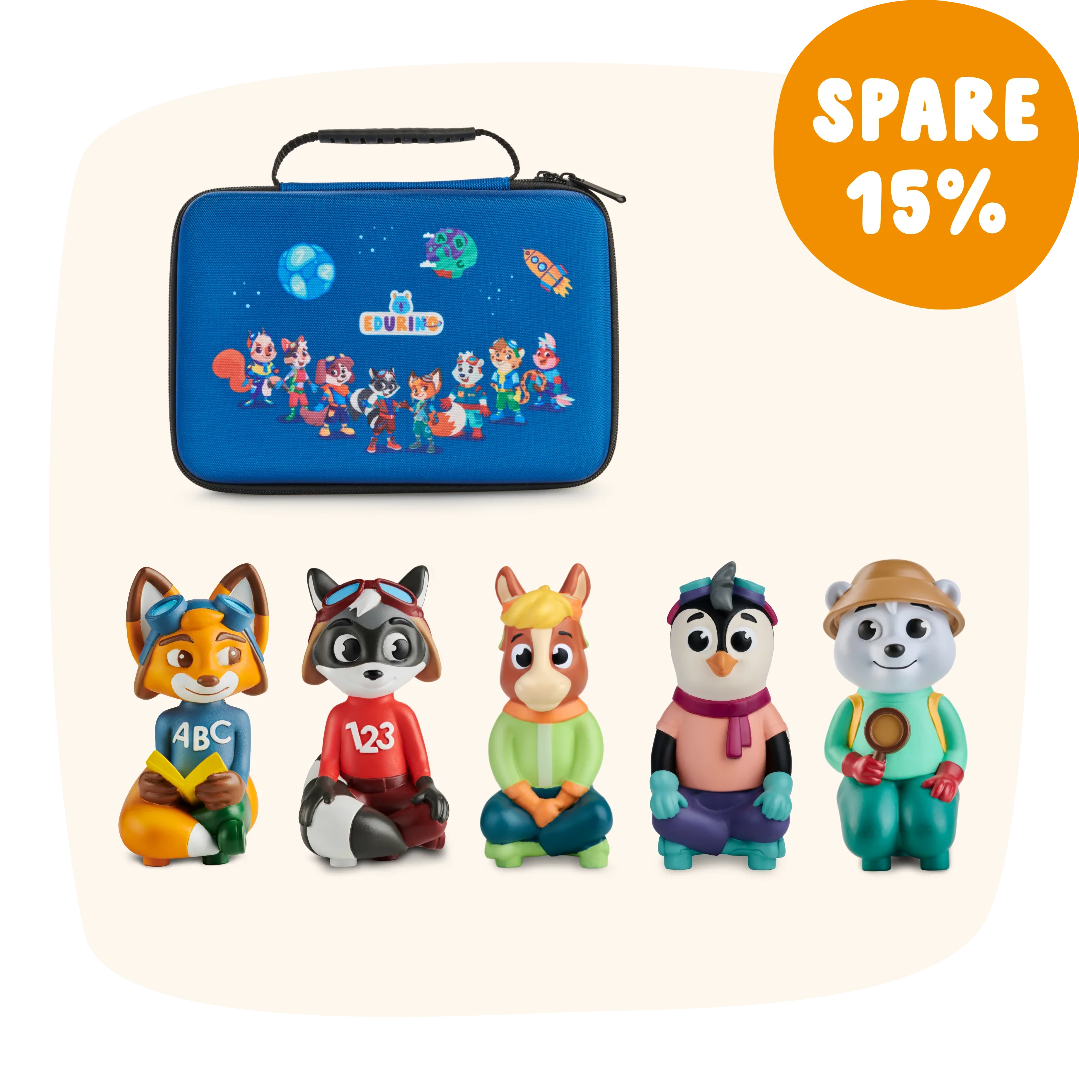 Die Spieltierfiguren „Die 5 neuesten Lernwelten“ werden in einer blauen, illustrierten Tragetasche geliefert und sind mit dem „SPARE 15%“-Rabatt bei Angebot erhältlich.