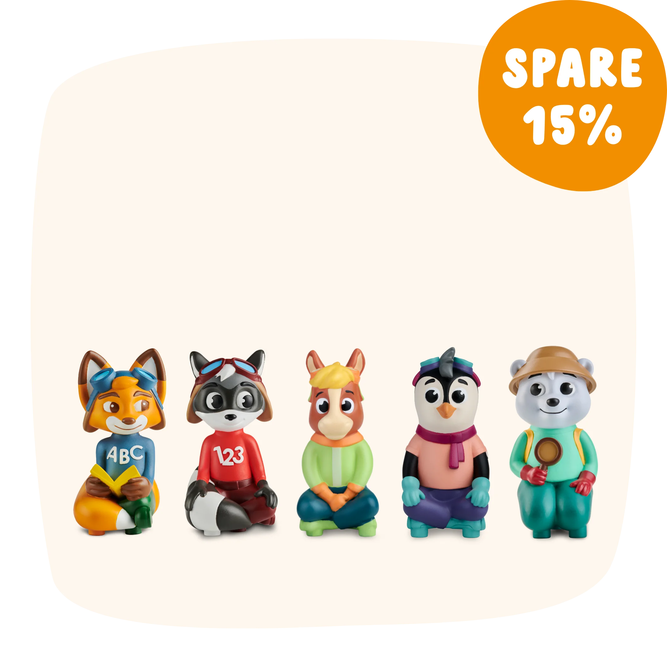 Fünf „Die 5 neuesten Lernwelten“-Figuren von Angebot, in einer Reihe mit einzigartigen Outfits und dem Text „SPARE 15%“ oben rechts.