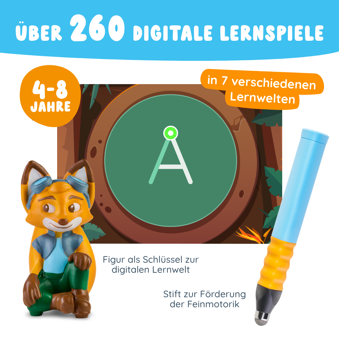 Das Angebot Entdecker-Paket, bestehend aus einer Fuchsfigur und einem Stiftwerkzeug, fördert digitale Lernspiele für 4- bis 8-Jährige mit 7 spannenden Lernumgebungen.