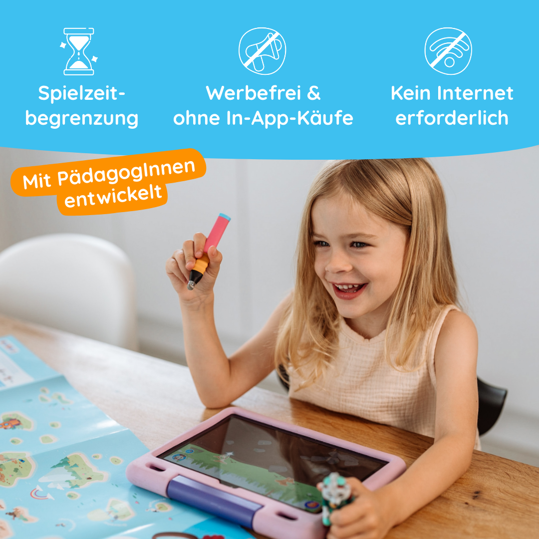 Ein Kind verwendet das Entdecker-Bundle-Tablet von Angebot, das mit Lernfunktionen, Zeitlimits, ohne Werbung oder In-App-Käufe und Offline-Funktionen ausgestattet ist.