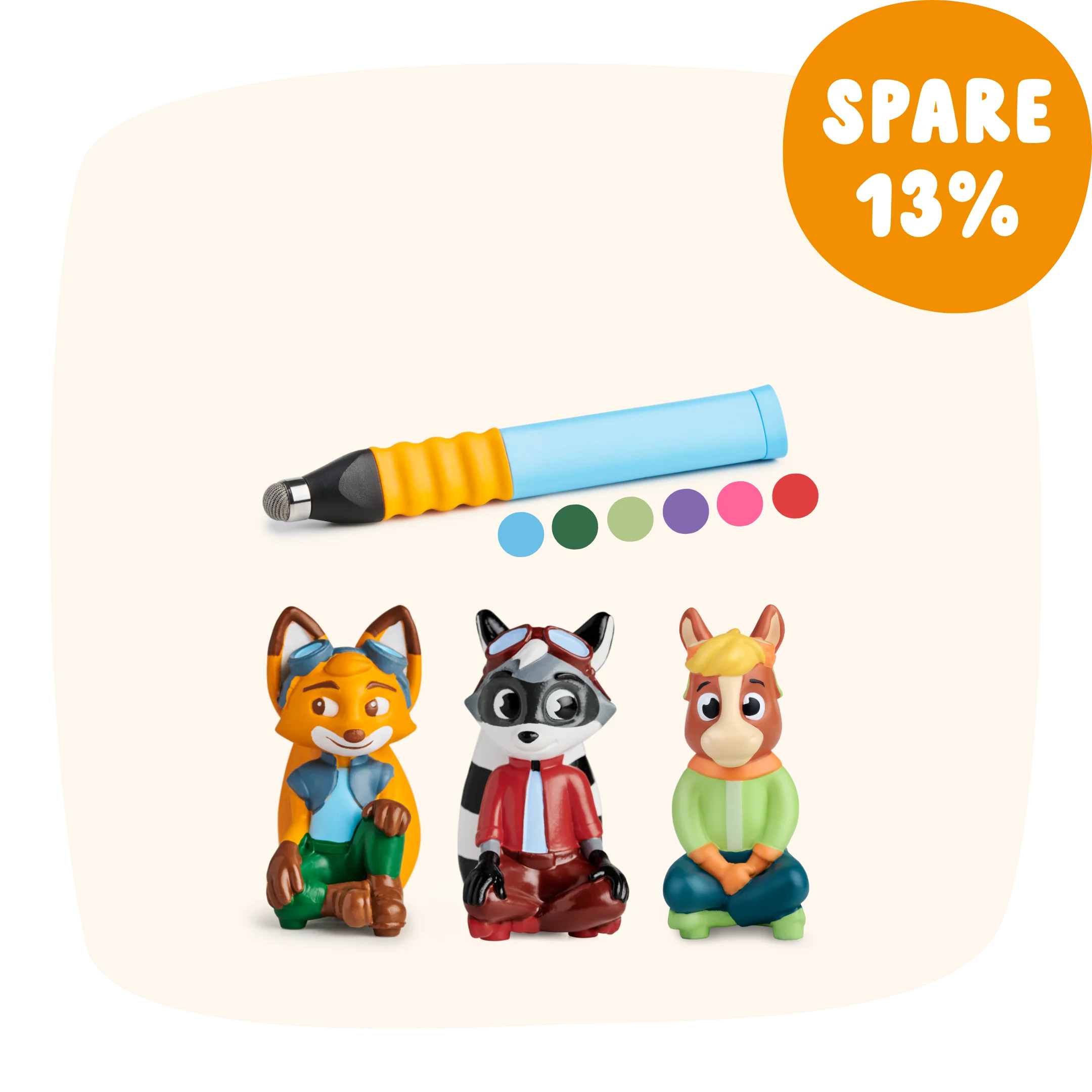 Das Starter-Bundle von Angebot umfasst Spieltiere und einen Markierstift mit auswechselbaren farbigen Spitzen, jetzt erhältlich mit einem „SPARE 13%“-Label in Orange.