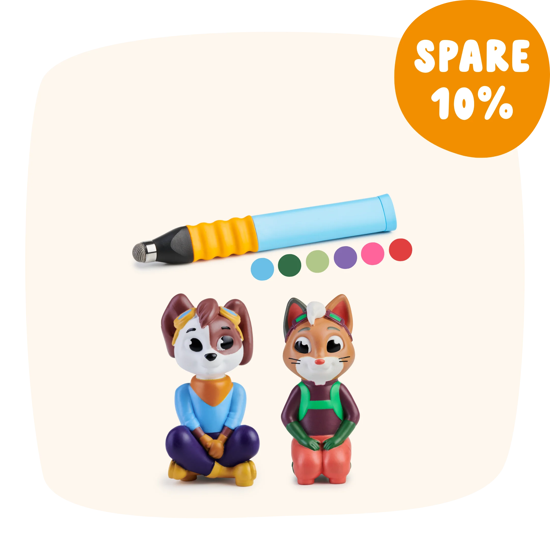 Spielzeugfiguren in Form von Hunden und Katzen, ein Zeichenwerkzeug, bunte Punkte und ein „SPARE 10%“-Button aus der Kreativwelt & Logikspiele-Kollektion von Angebot.