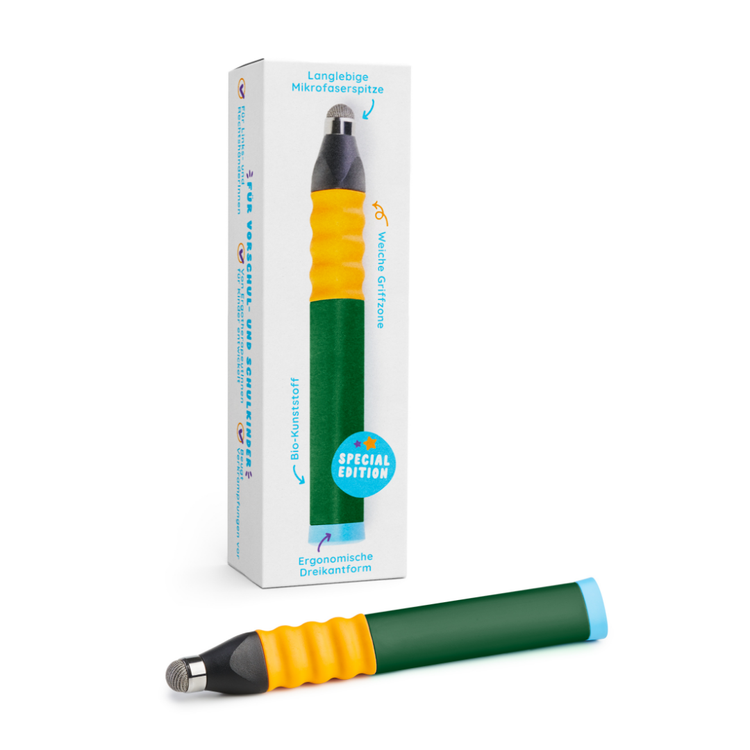 Grün-gelber ergonomischer Eingabestift von Zubehör mit blauer Spitze, abgebildet in der Verpackung.
