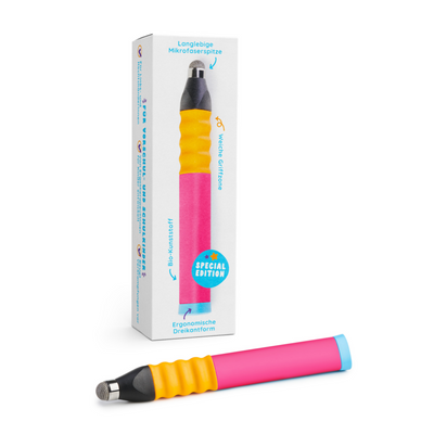 Der Ergonomische Eingabestift von Zubehör ist ein farbenfroher ergonomischer Eingabestift mit Verpackung, gelbem Griff und Mikrofaserspitze.