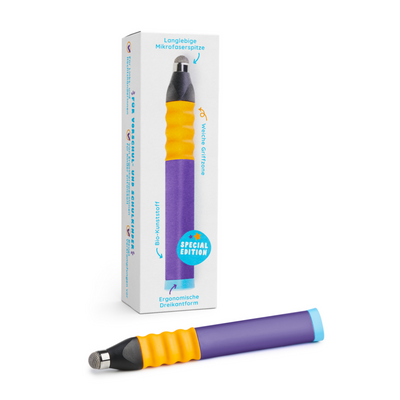 Der Ergonomische Eingabestift von Zubehör verfügt über einen violetten Körper, einen gelben Griff und eine blaue Spitze sowie eine Verpackung mit der Aufschrift „Special Edition“.