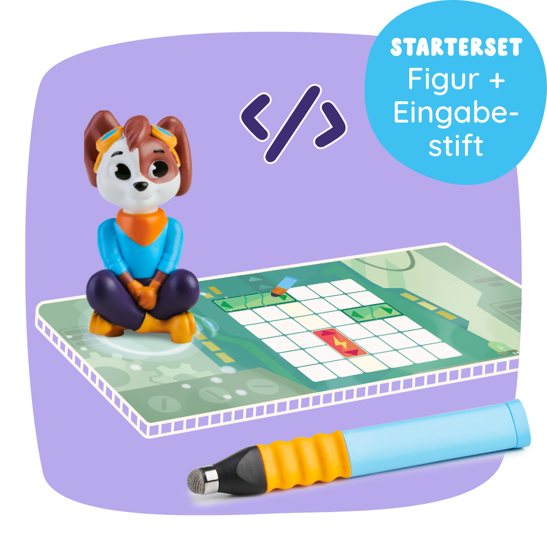 Spielfigur, Stylus-Stift und interaktives Board auf violettem Untergrund mit der Aufschrift „Starterset Luca ‚Logisches Denken & Coding‘“.