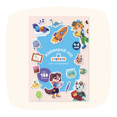 Das Cover des Lern- & Stickerhefts von Zubehör zeigt Tierfiguren, Spielzeug, eine Rakete und den Text „über 180 Sticker“.
